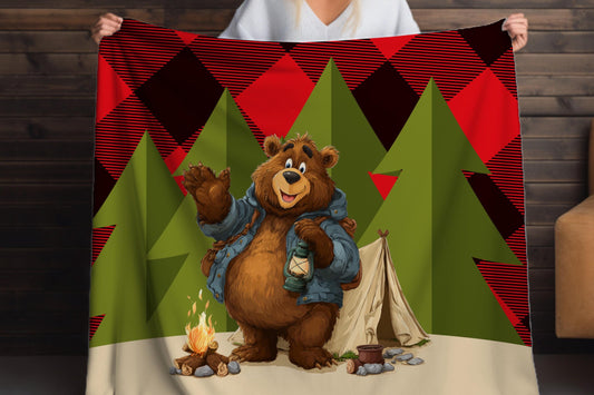 Camping Bear Sherpa Blanket – Lantern Bear Art with Plaid Background, Cozy Outdoor-Themed Throw