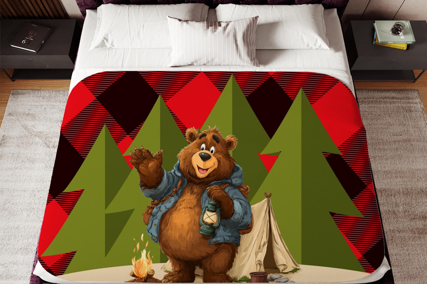 Camping Bear Sherpa Blanket – Lantern Bear Art with Plaid Background, Cozy Outdoor-Themed Throw