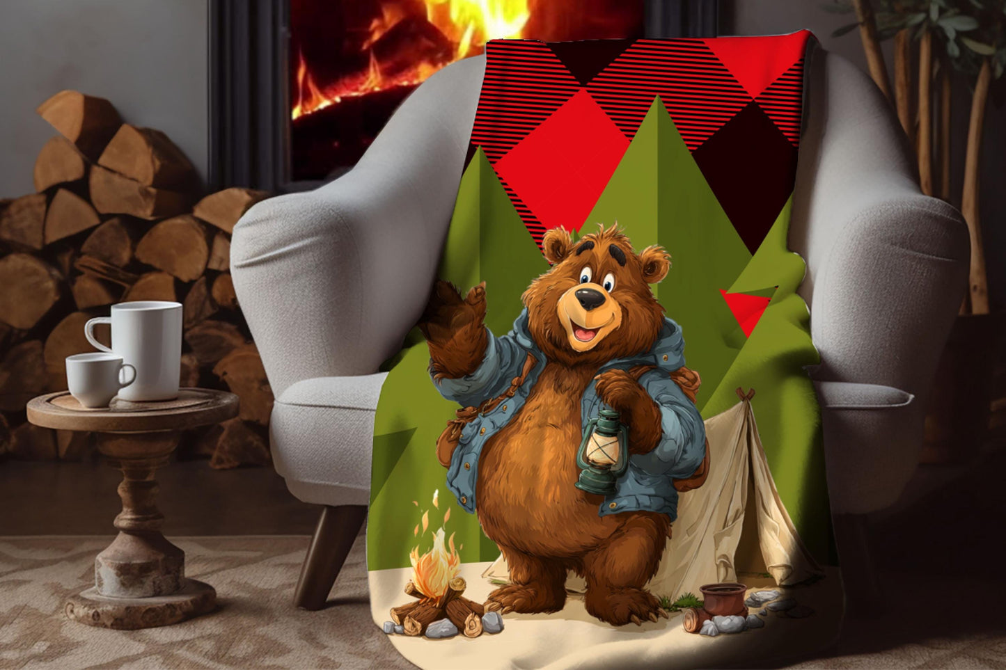 Camping Bear Sherpa Blanket – Lantern Bear Art with Plaid Background, Cozy Outdoor-Themed Throw