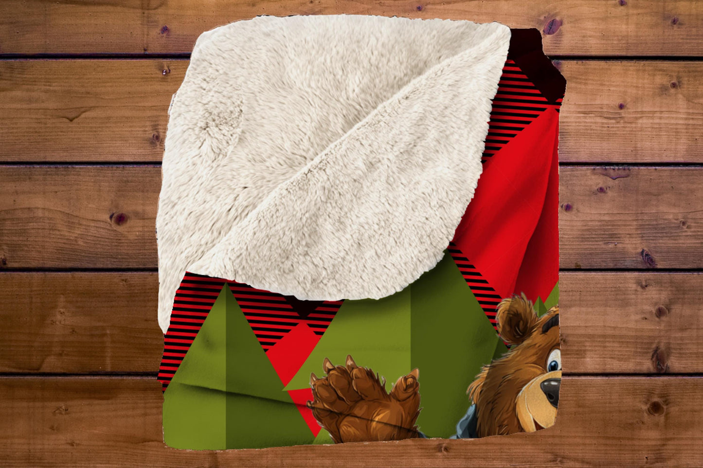 Camping Bear Sherpa Blanket – Lantern Bear Art with Plaid Background, Cozy Outdoor-Themed Throw