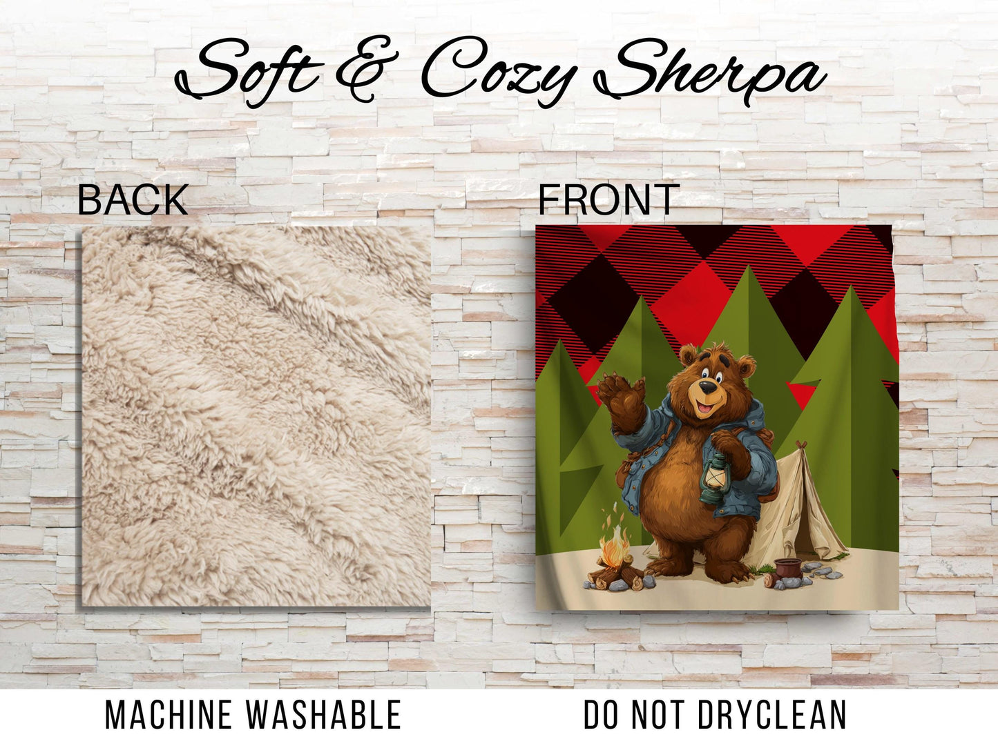 Camping Bear Sherpa Blanket – Lantern Bear Art with Plaid Background, Cozy Outdoor-Themed Throw