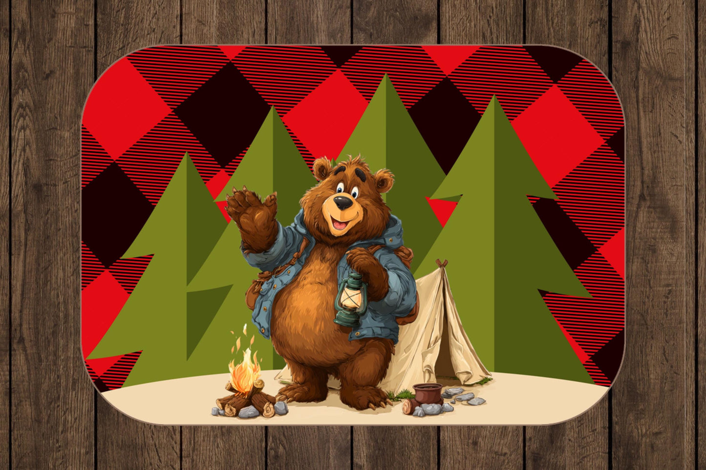 Camping Bear Sherpa Blanket – Lantern Bear Art with Plaid Background, Cozy Outdoor-Themed Throw