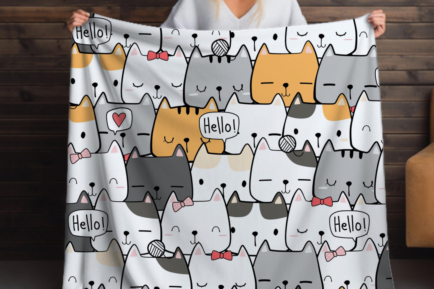 Cute Cat Doodle Sherpa Blanket – Kawaii Kitty Pattern, Cartoon Cat Lover Throw