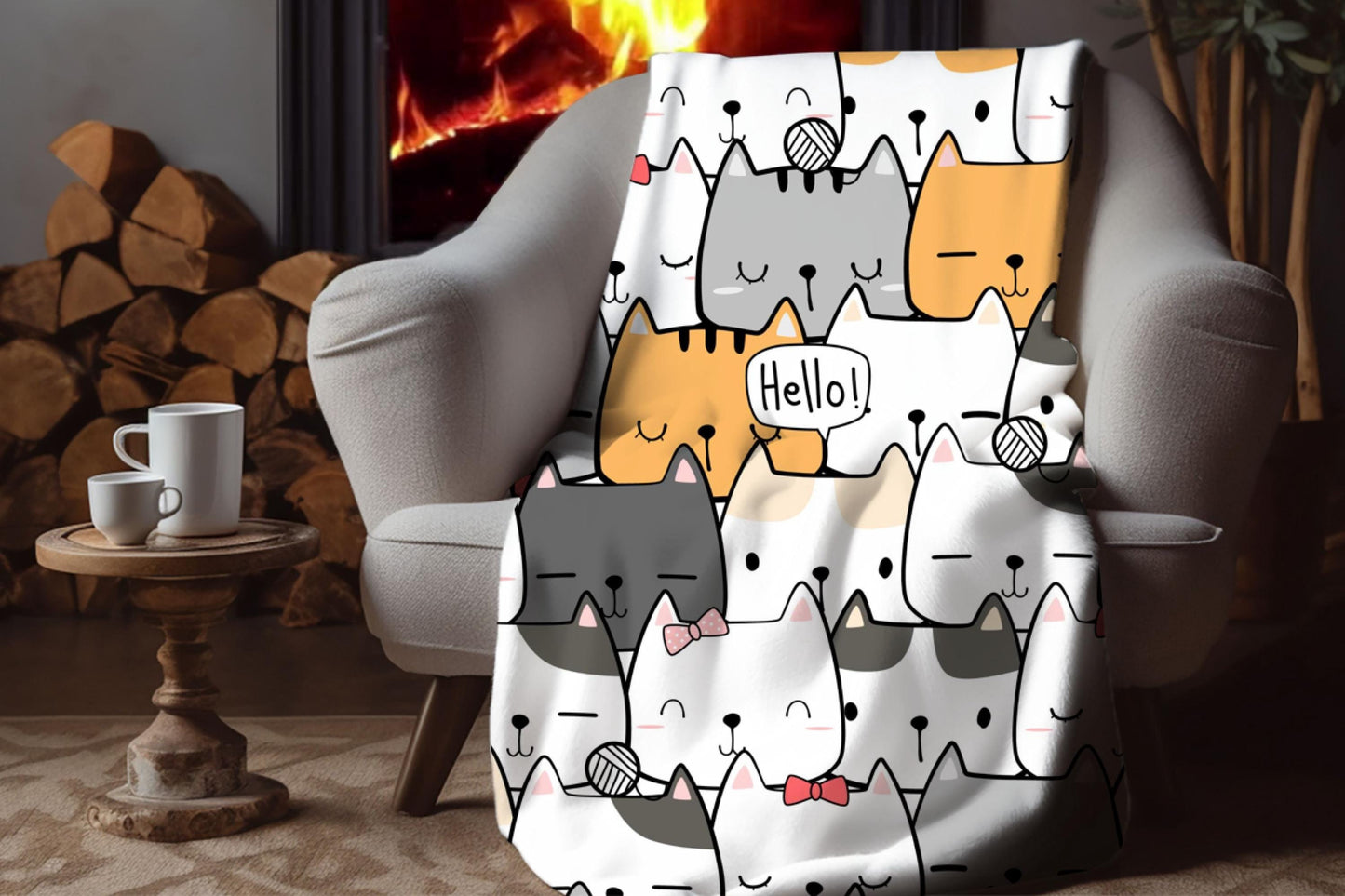 Cute Cat Doodle Sherpa Blanket – Kawaii Kitty Pattern, Cartoon Cat Lover Throw
