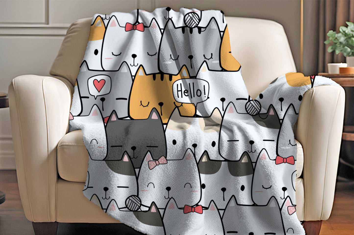 Cute Cat Doodle Sherpa Blanket – Kawaii Kitty Pattern, Cartoon Cat Lover Throw