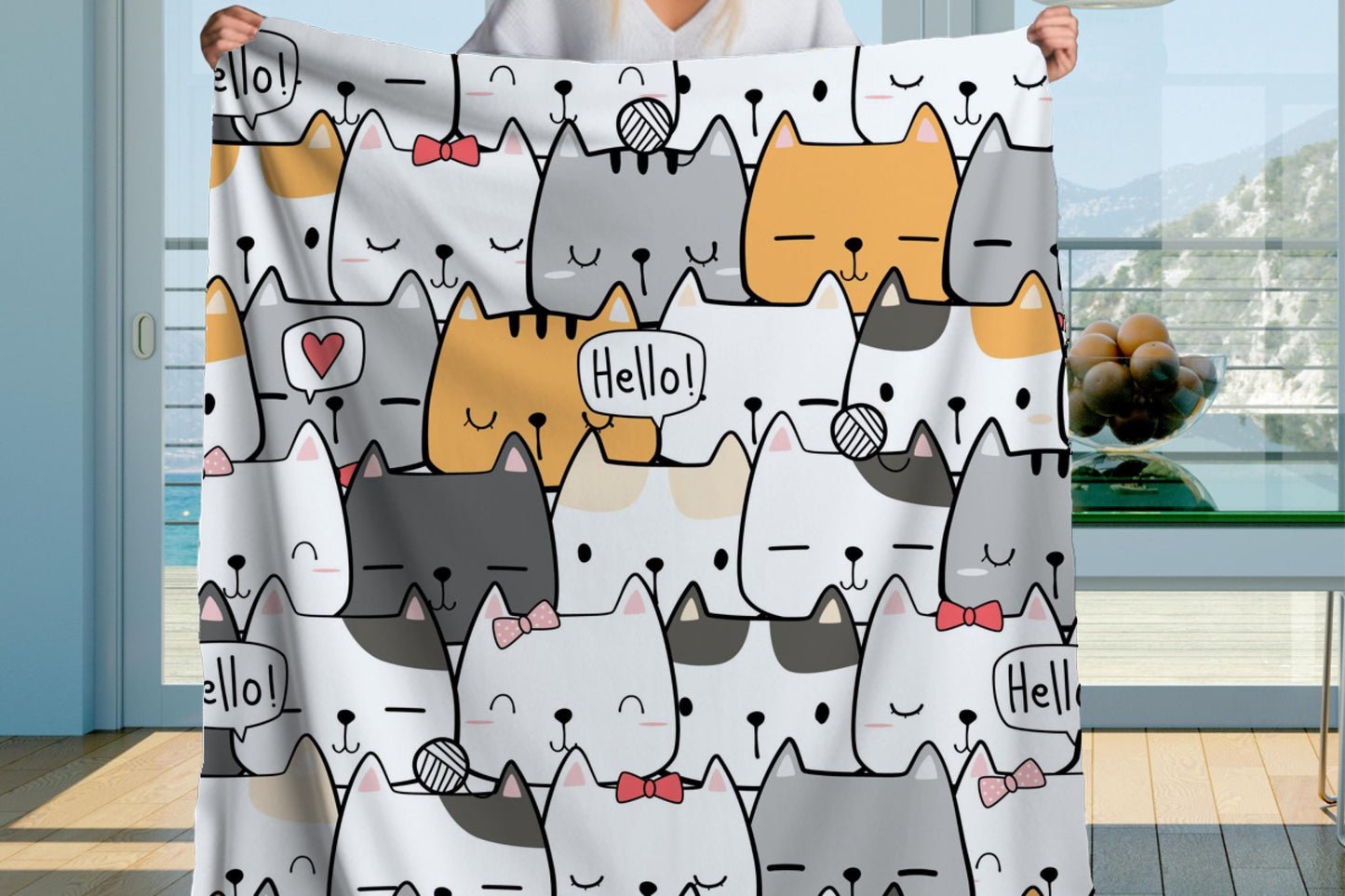 Cute Cat Doodle Sherpa Blanket – Kawaii Kitty Pattern, Cartoon Cat Lover Throw