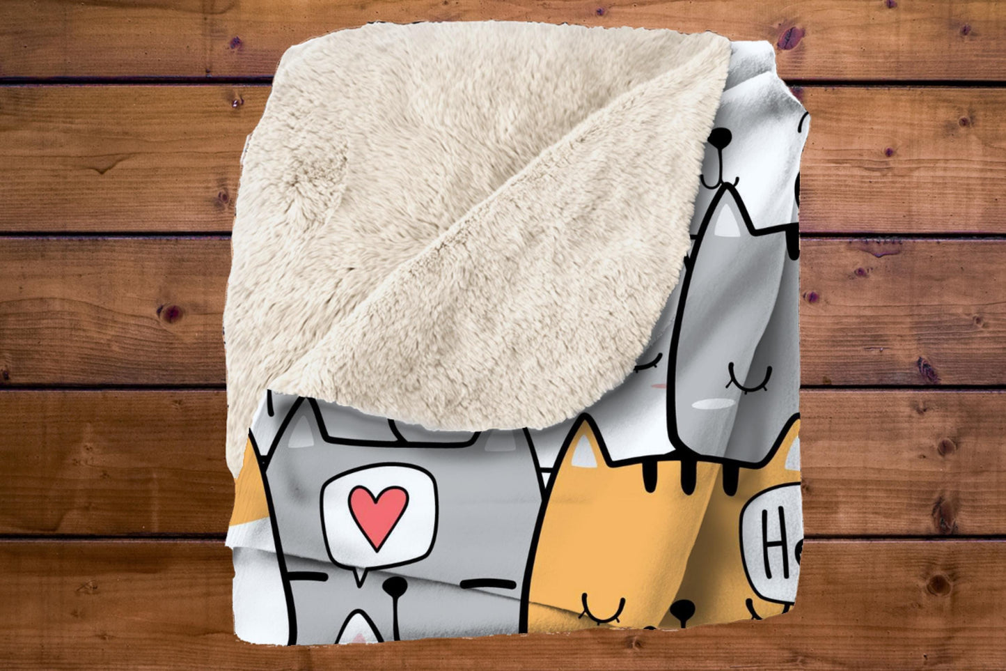 Cute Cat Doodle Sherpa Blanket – Kawaii Kitty Pattern, Cartoon Cat Lover Throw