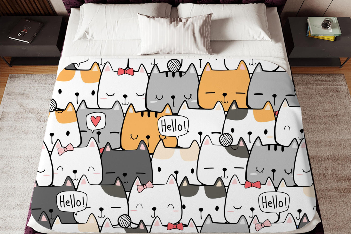 Cute Cat Doodle Sherpa Blanket – Kawaii Kitty Pattern, Cartoon Cat Lover Throw