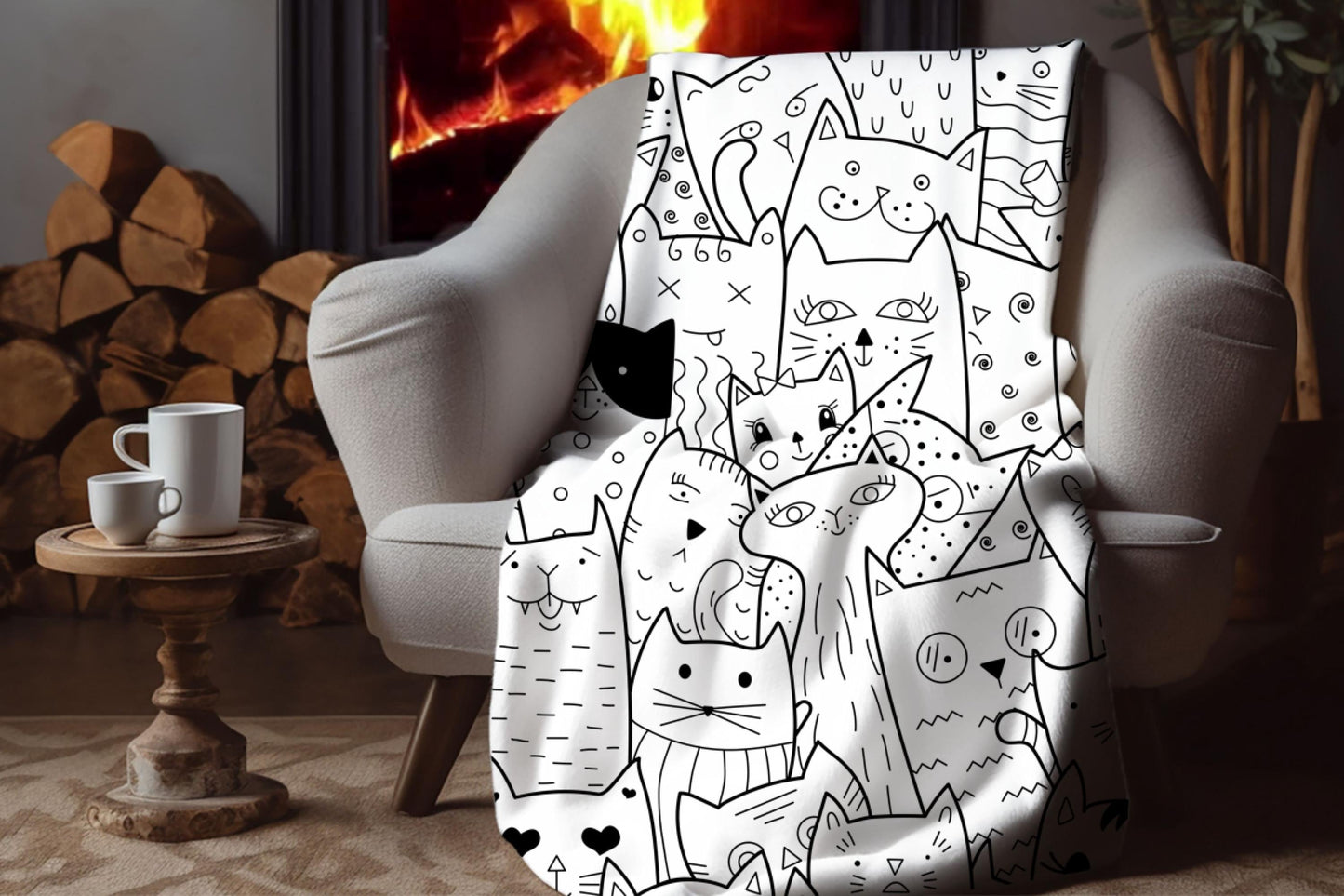 Black and White Cat Doodle Sherpa Blanket – Cartoon Kitty Line Art, Cute Cat Lover Throw