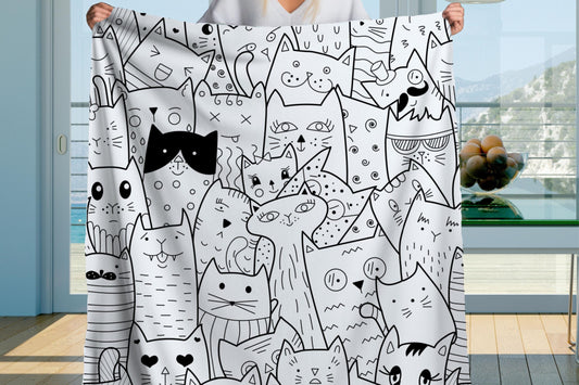 Black and White Cat Doodle Sherpa Blanket – Cartoon Kitty Line Art, Cute Cat Lover Throw
