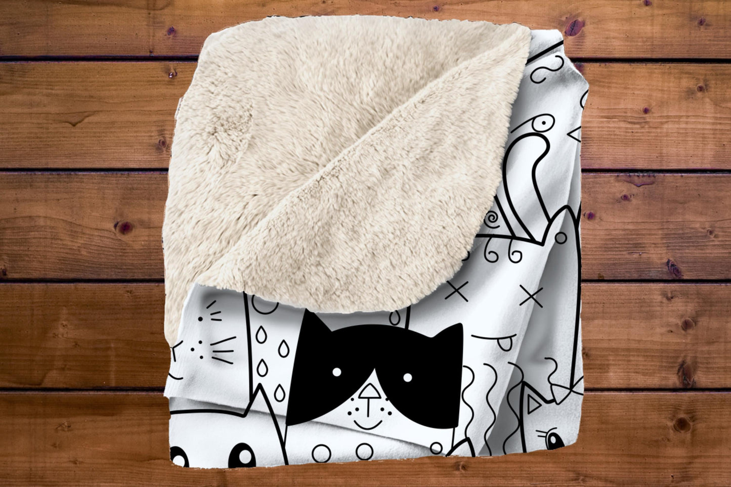 Black and White Cat Doodle Sherpa Blanket – Cartoon Kitty Line Art, Cute Cat Lover Throw