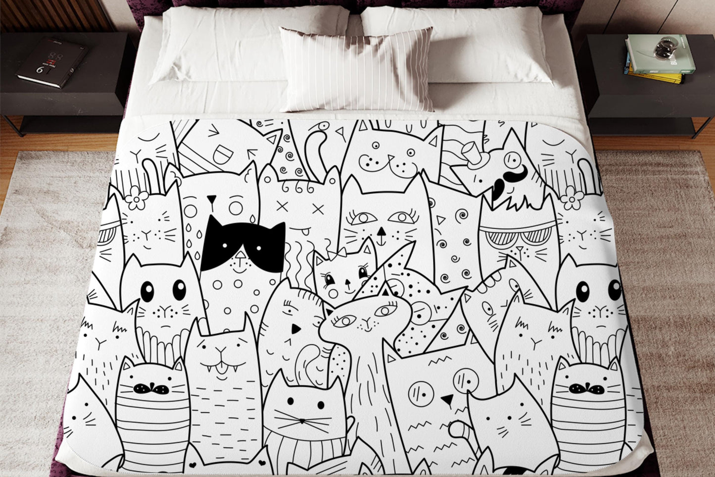 Black and White Cat Doodle Sherpa Blanket – Cartoon Kitty Line Art, Cute Cat Lover Throw