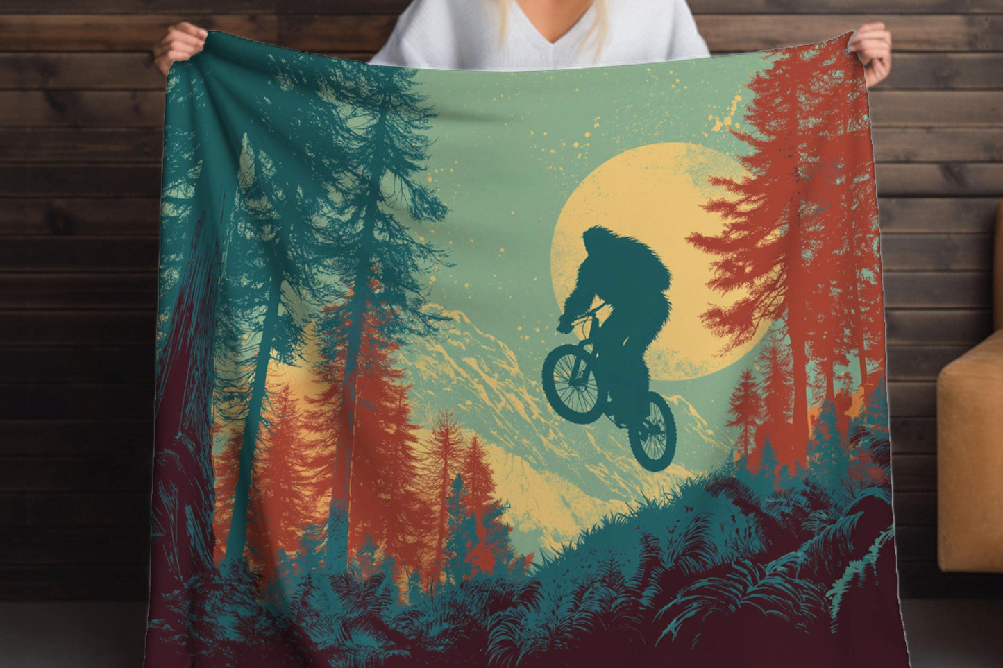 Bigfoot Mountain Biking Sherpa Blanket – Sasquatch Trail Rider Art, Forest Adventure Throw