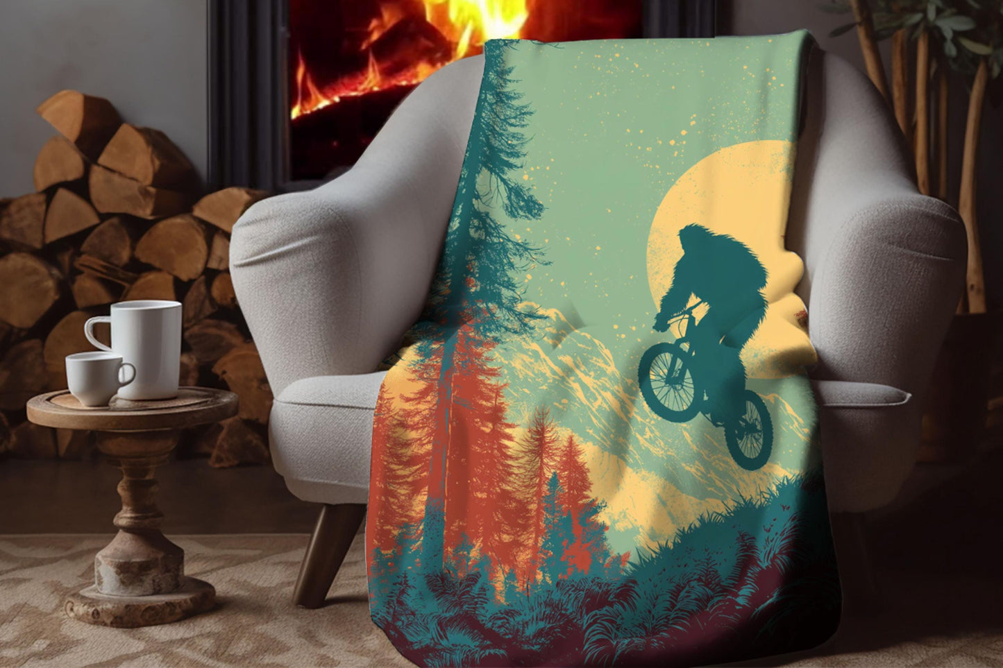 Bigfoot Mountain Biking Sherpa Blanket – Sasquatch Trail Rider Art, Forest Adventure Throw
