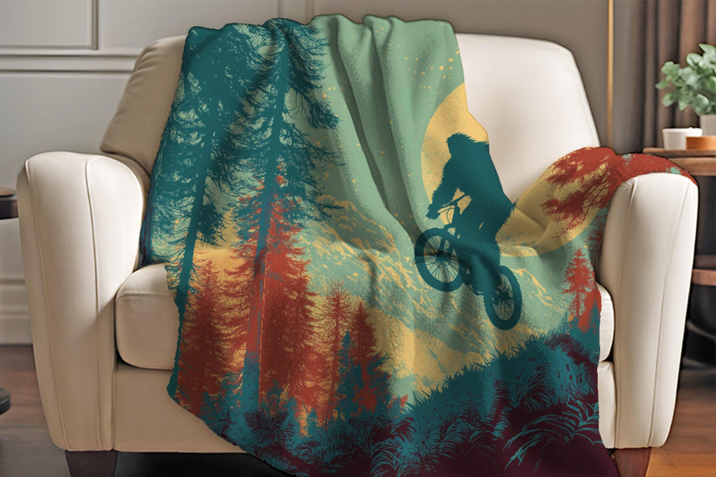 Bigfoot Mountain Biking Sherpa Blanket – Sasquatch Trail Rider Art, Forest Adventure Throw