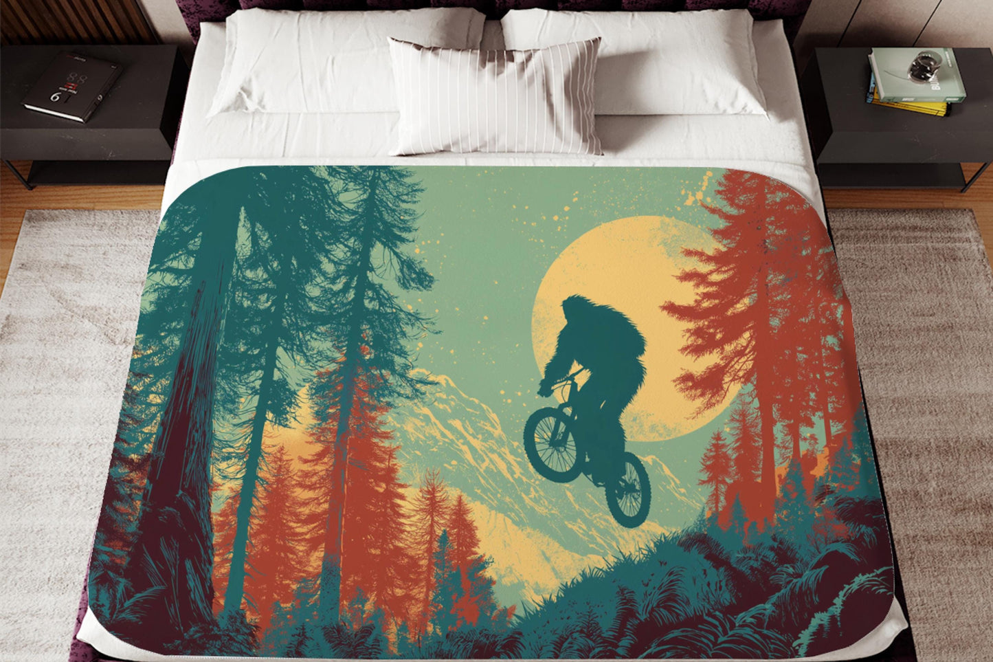 Bigfoot Mountain Biking Sherpa Blanket – Sasquatch Trail Rider Art, Forest Adventure Throw