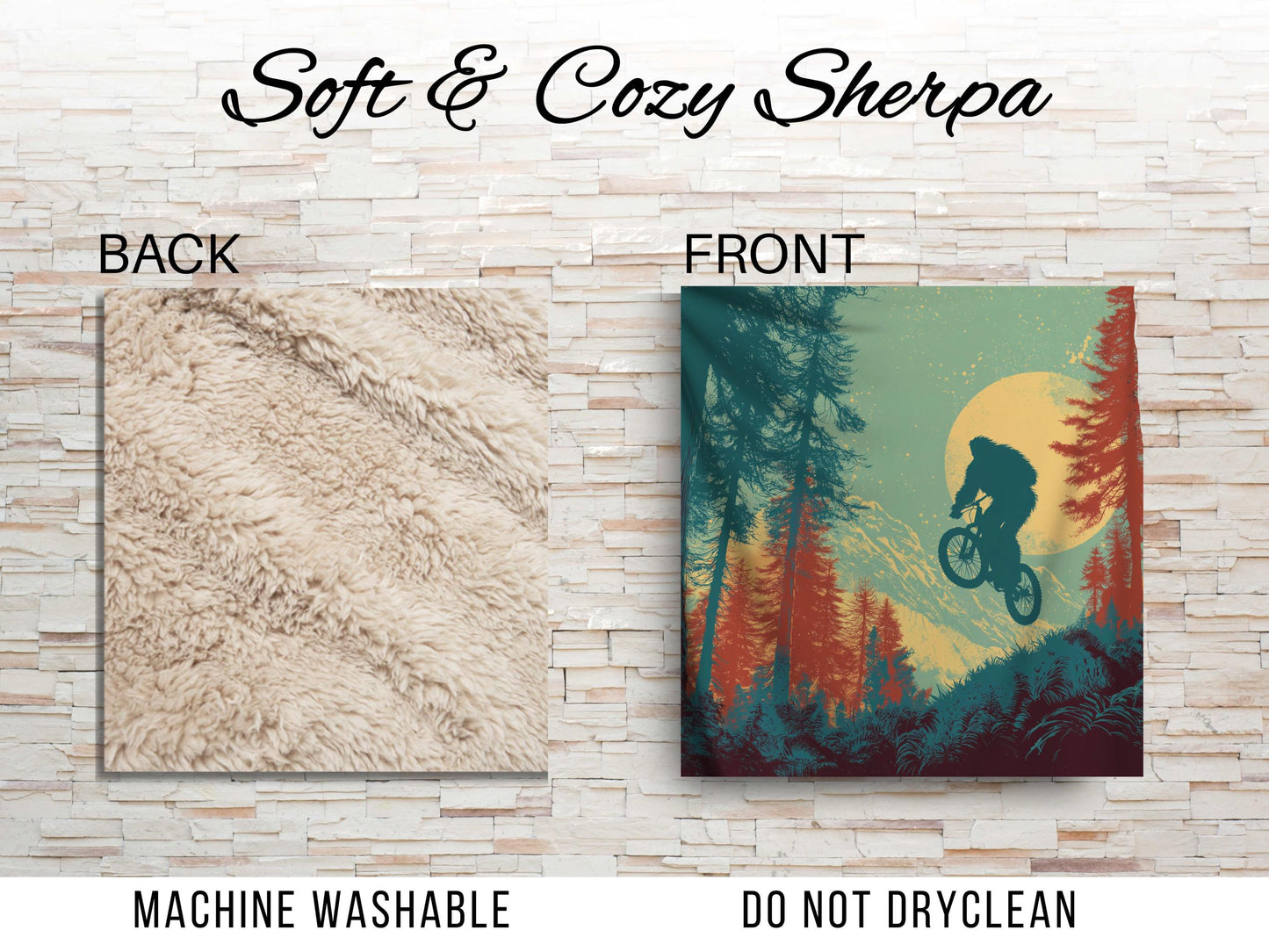 Bigfoot Mountain Biking Sherpa Blanket – Sasquatch Trail Rider Art, Forest Adventure Throw