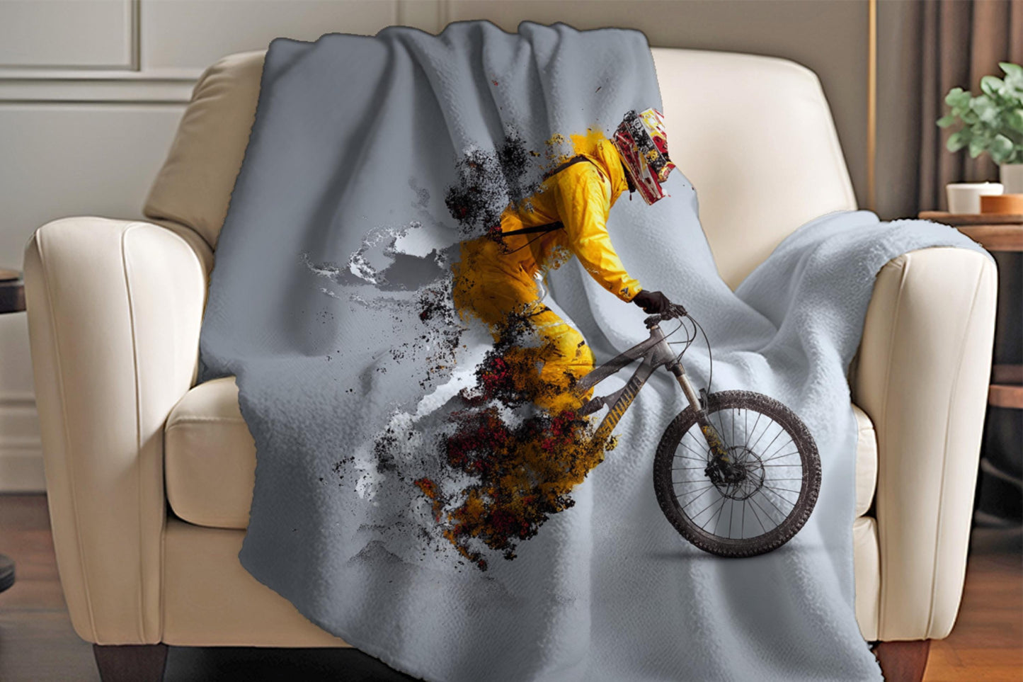 Abstract Mountain Biker Sherpa Blanket – Exploding Motion Art, Downhill Cycling Sports Throw
