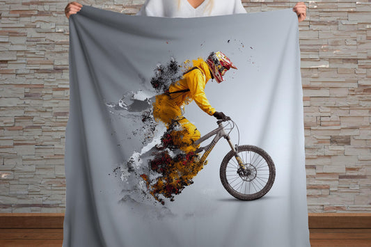 Abstract Mountain Biker Sherpa Blanket – Exploding Motion Art, Downhill Cycling Sports Throw