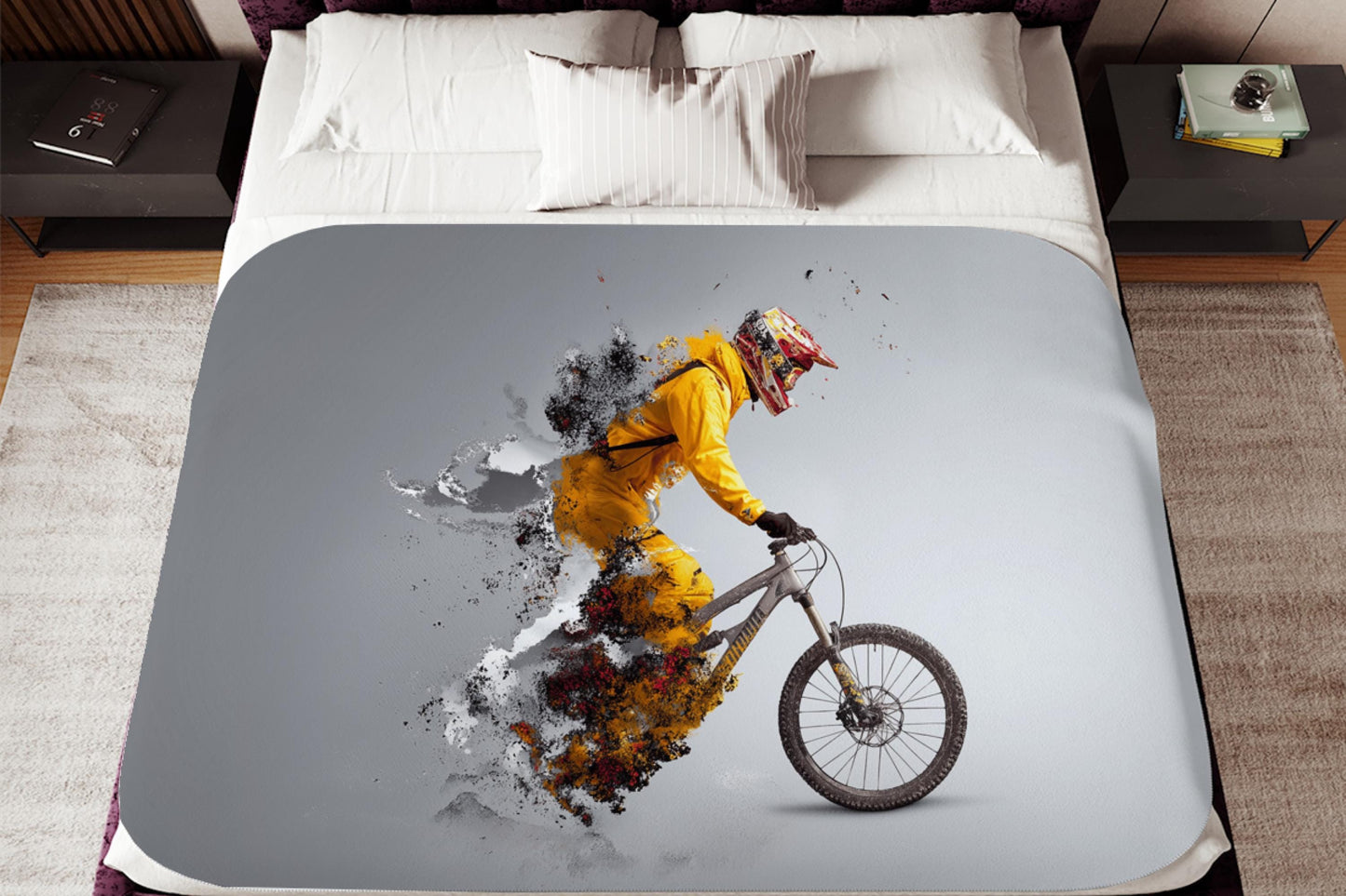 Abstract Mountain Biker Sherpa Blanket – Exploding Motion Art, Downhill Cycling Sports Throw