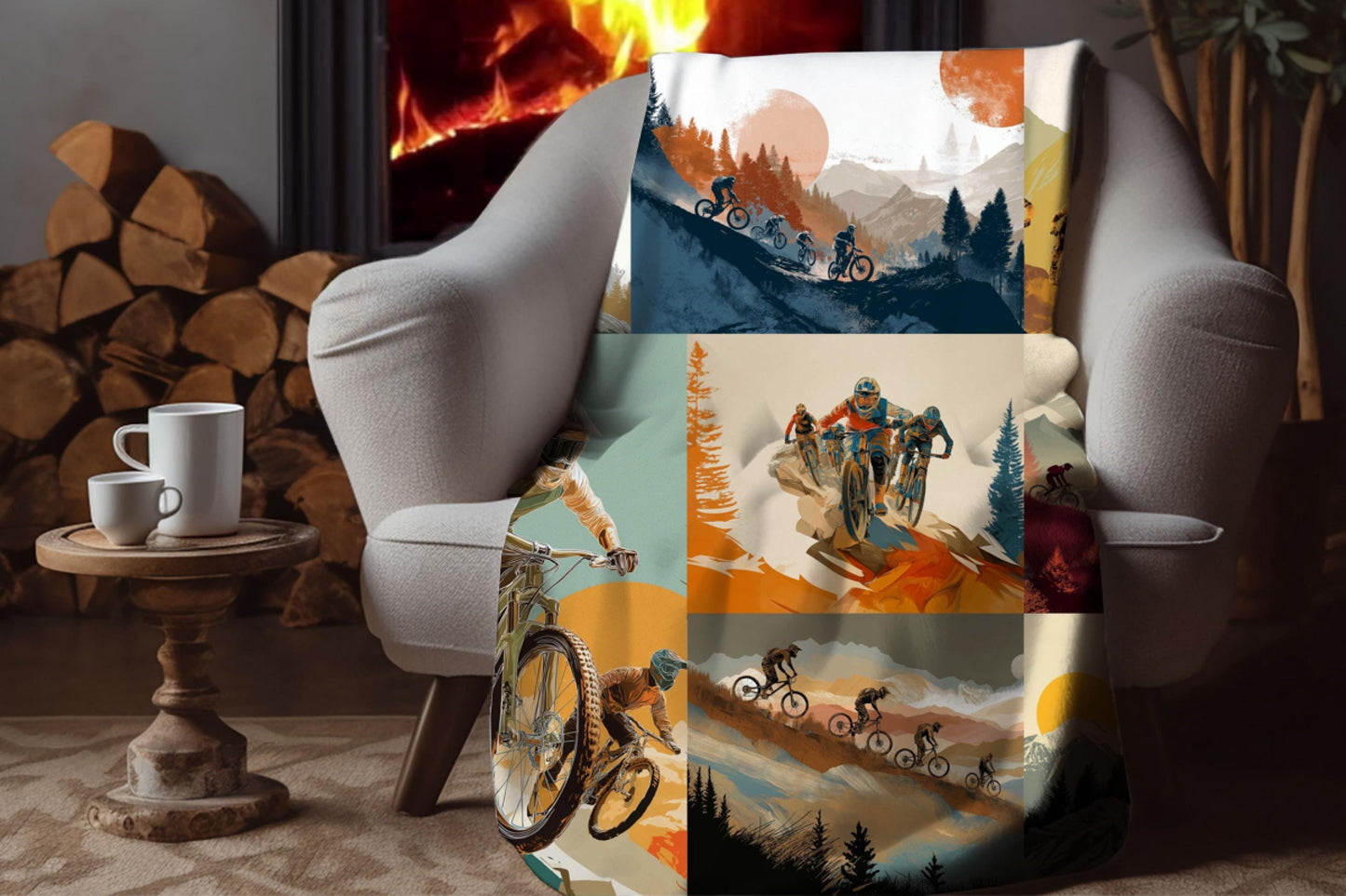 Mountain Biking Collage Sherpa Blanket – Trail Rider Art, MTB Adventure Sports Throw