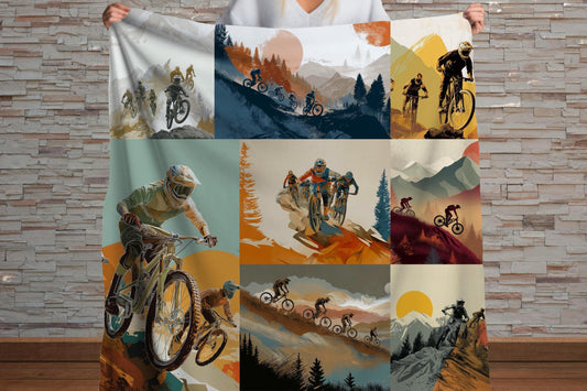 Mountain Biking Collage Sherpa Blanket – Trail Rider Art, MTB Adventure Sports Throw