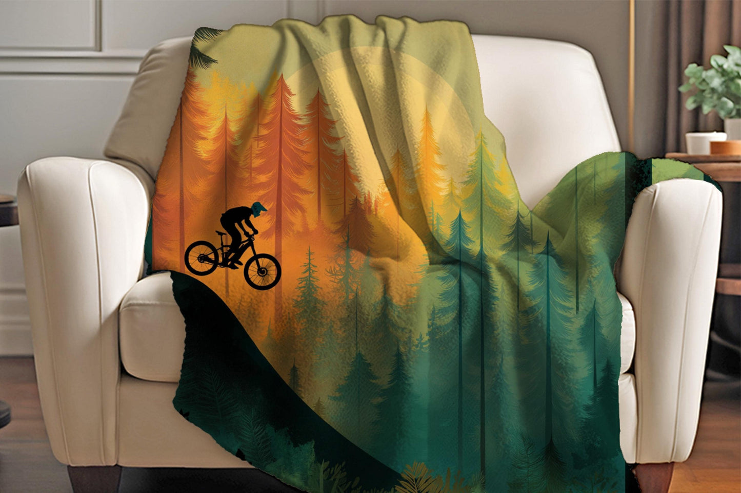 Mountain Biker Forest Silhouette Sherpa Blanket – Sunset Trail Riding Art, MTB Adventure Throw