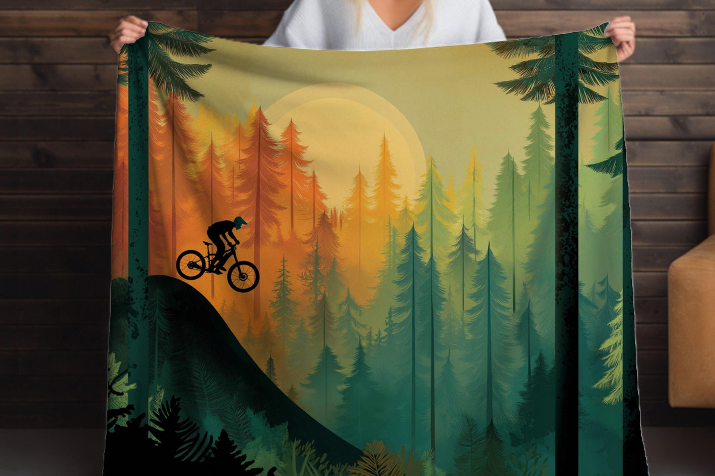 Mountain Biker Forest Silhouette Sherpa Blanket – Sunset Trail Riding Art, MTB Adventure Throw