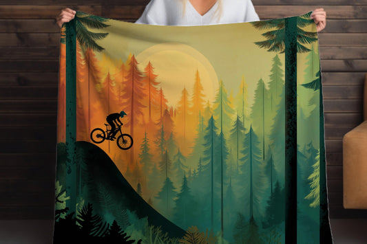 Mountain Biker Forest Silhouette Sherpa Blanket – Sunset Trail Riding Art, MTB Adventure Throw