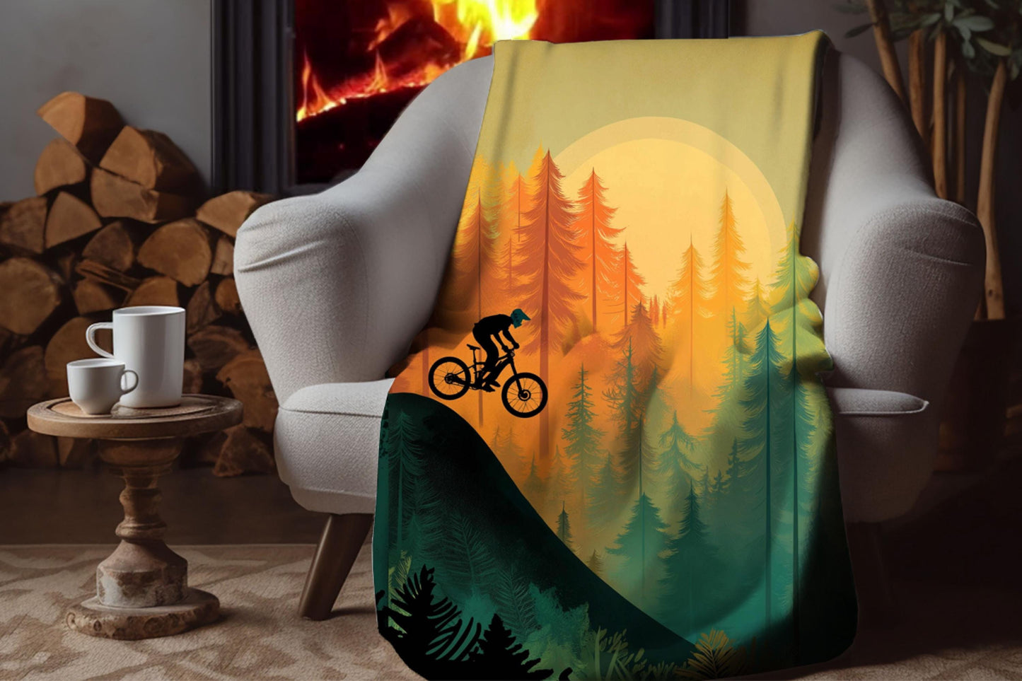 Mountain Biker Forest Silhouette Sherpa Blanket – Sunset Trail Riding Art, MTB Adventure Throw
