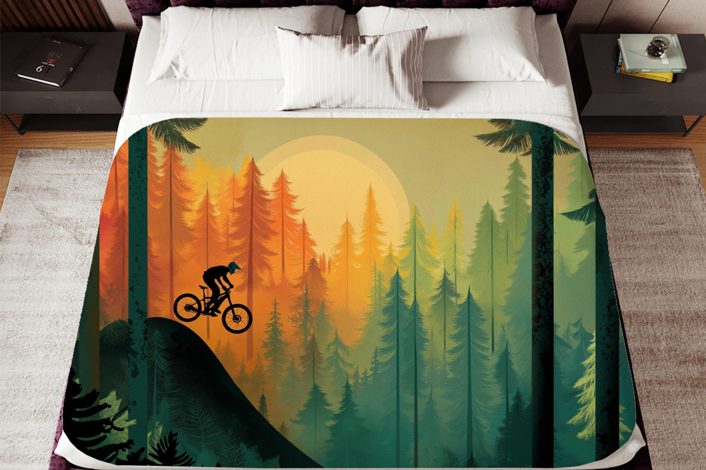 Mountain Biker Forest Silhouette Sherpa Blanket – Sunset Trail Riding Art, MTB Adventure Throw