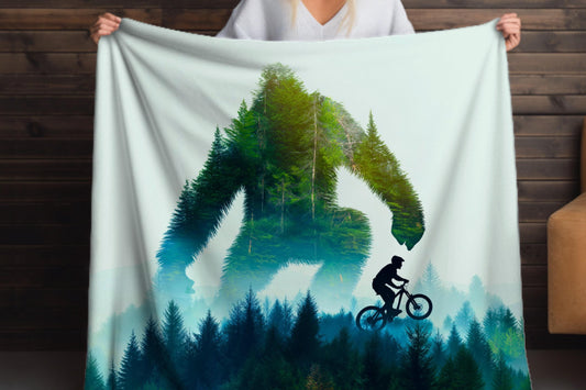 Bigfoot Forest Silhouette Sherpa Blanket – Sasquatch and Mountain Biker Art, Adventure Trail Throw