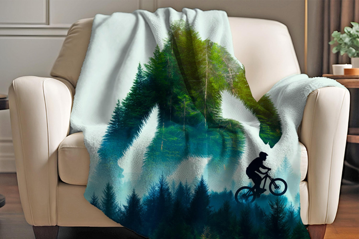 Bigfoot Forest Silhouette Sherpa Blanket – Sasquatch and Mountain Biker Art, Adventure Trail Throw