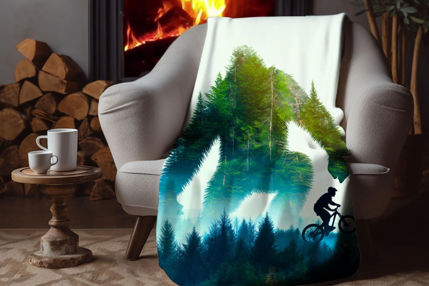 Bigfoot Forest Silhouette Sherpa Blanket – Sasquatch and Mountain Biker Art, Adventure Trail Throw