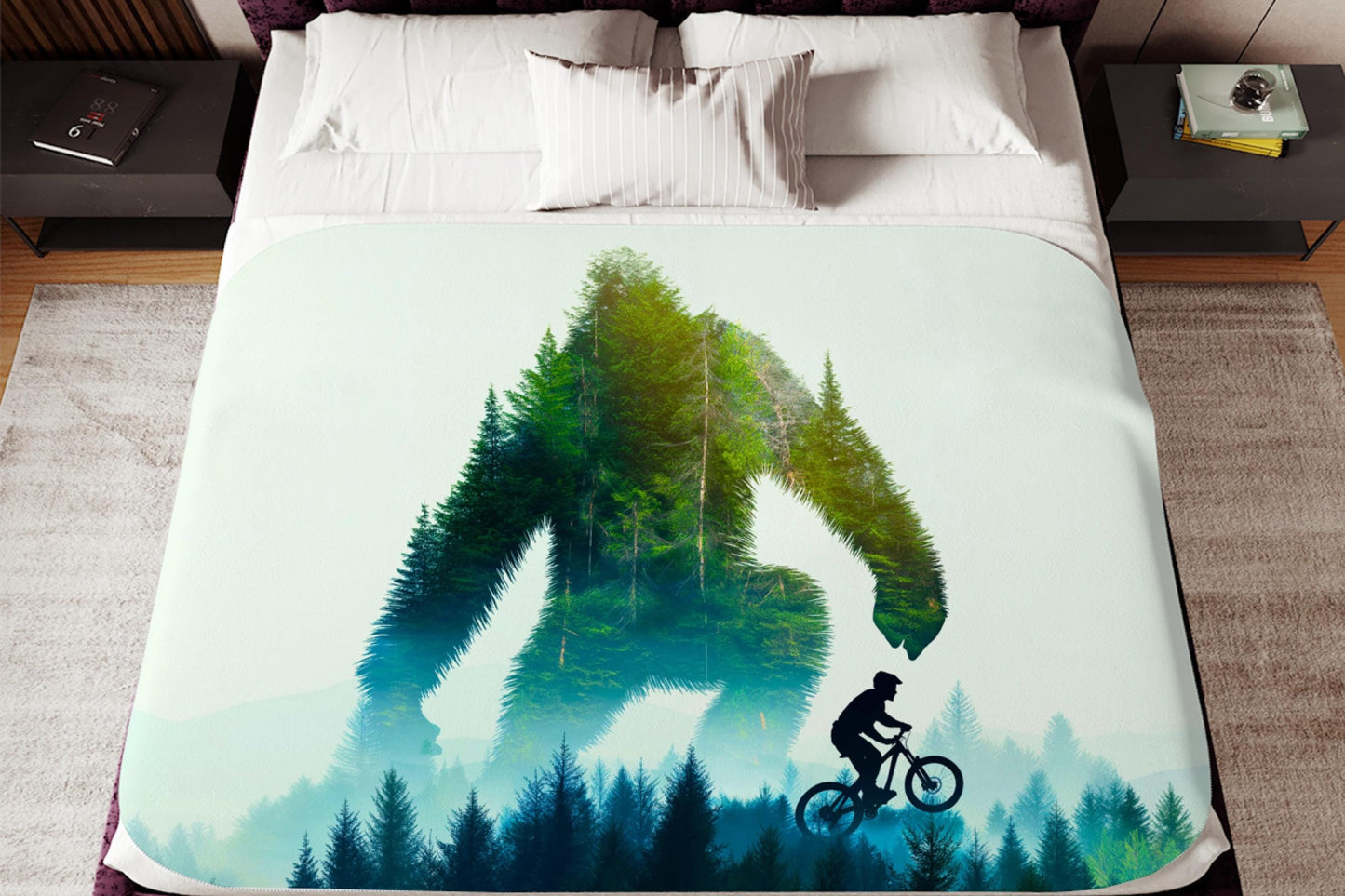 Bigfoot Forest Silhouette Sherpa Blanket – Sasquatch and Mountain Biker Art, Adventure Trail Throw