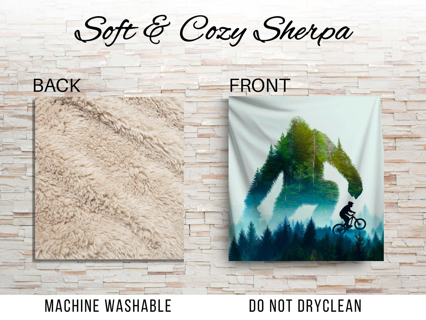 Bigfoot Forest Silhouette Sherpa Blanket – Sasquatch and Mountain Biker Art, Adventure Trail Throw