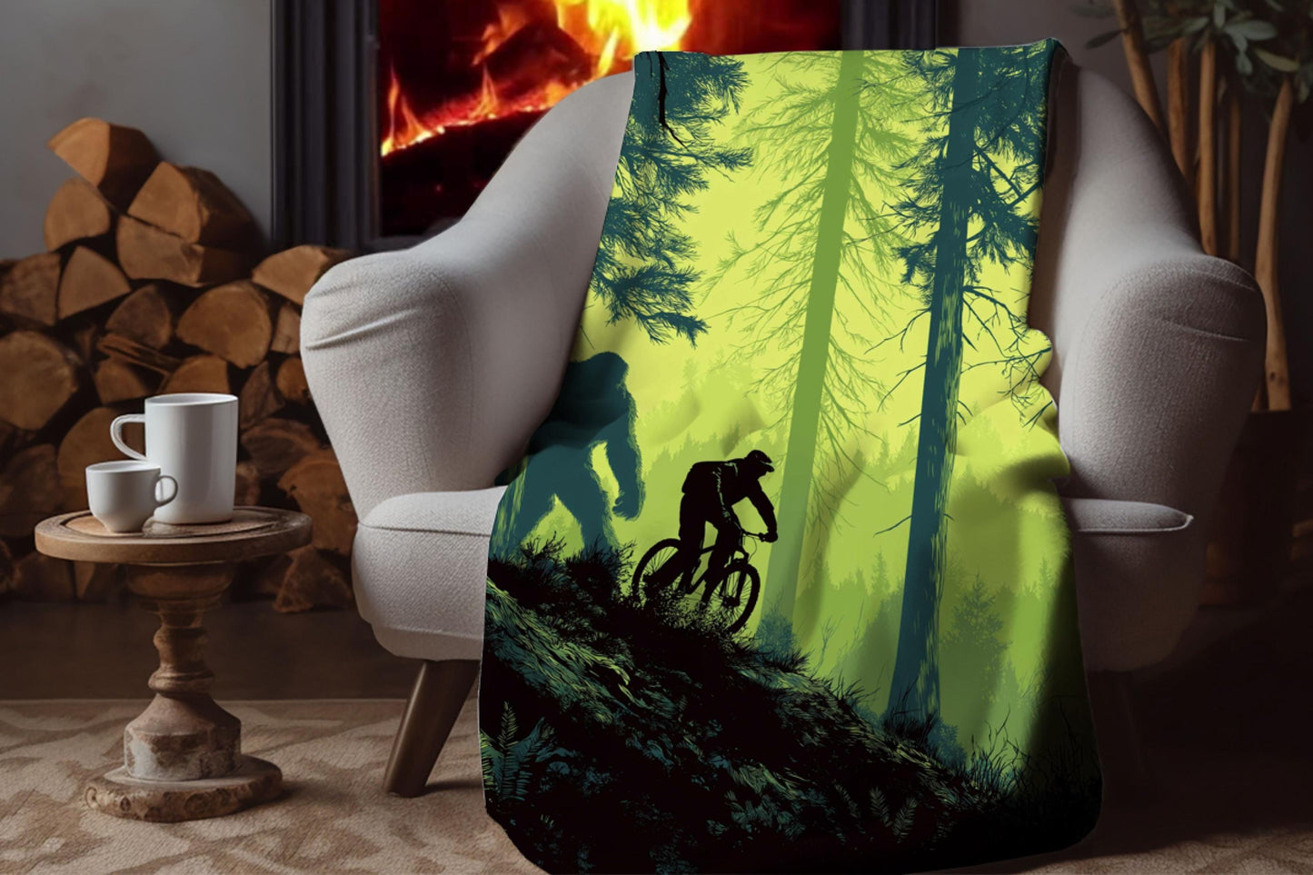 Bigfoot Mountain Biker Blanket  Forest Trail Cycling Gift, Forest Throw Blanket for Men, Biker Art Sherpa Blanket, Trail Lover Decor