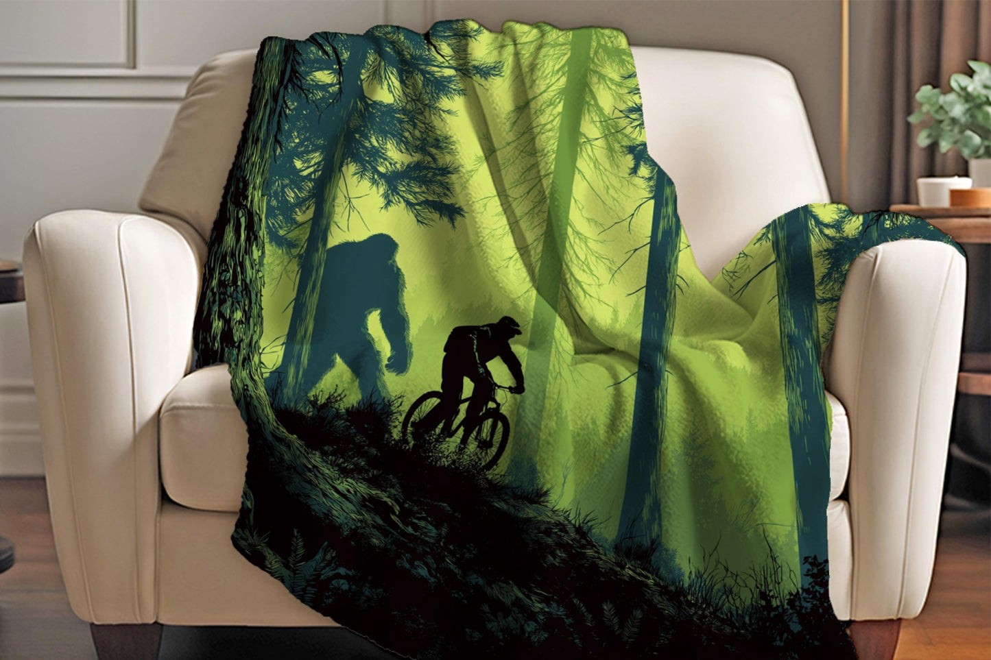 Bigfoot Mountain Biker Blanket  Forest Trail Cycling Gift, Forest Throw Blanket for Men, Biker Art Sherpa Blanket, Trail Lover Decor