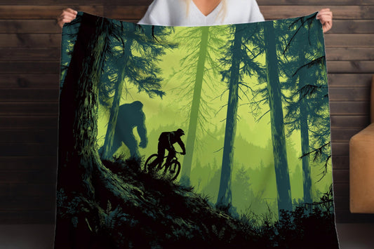Bigfoot Mountain Biker Blanket  Forest Trail Cycling Gift, Forest Throw Blanket for Men, Biker Art Sherpa Blanket, Trail Lover Decor