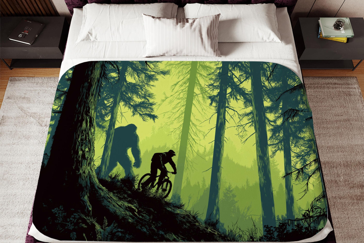 Bigfoot Mountain Biker Blanket  Forest Trail Cycling Gift, Forest Throw Blanket for Men, Biker Art Sherpa Blanket, Trail Lover Decor