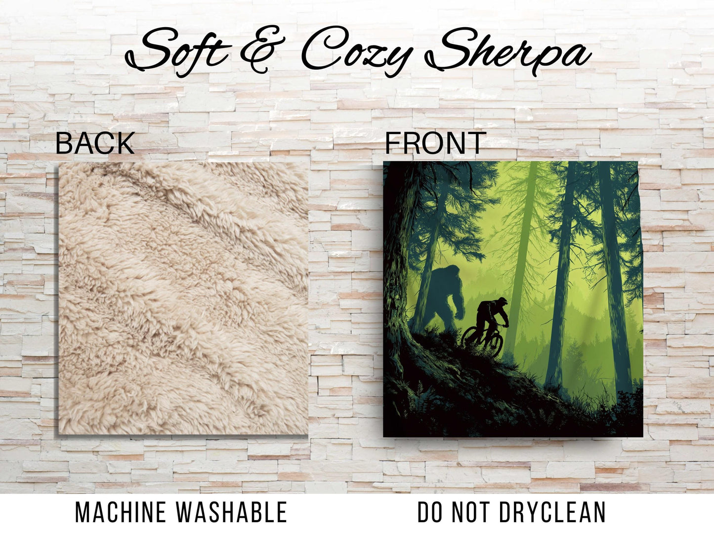 Bigfoot Mountain Biker Blanket  Forest Trail Cycling Gift, Forest Throw Blanket for Men, Biker Art Sherpa Blanket, Trail Lover Decor