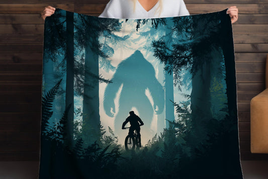 Bigfoot Night Forest Sherpa Blanket – Sasquatch Silhouette and Mountain Biker Art, Adventure Trail Throw