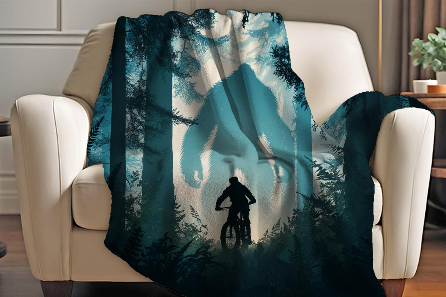 Bigfoot Night Forest Sherpa Blanket – Sasquatch Silhouette and Mountain Biker Art, Adventure Trail Throw