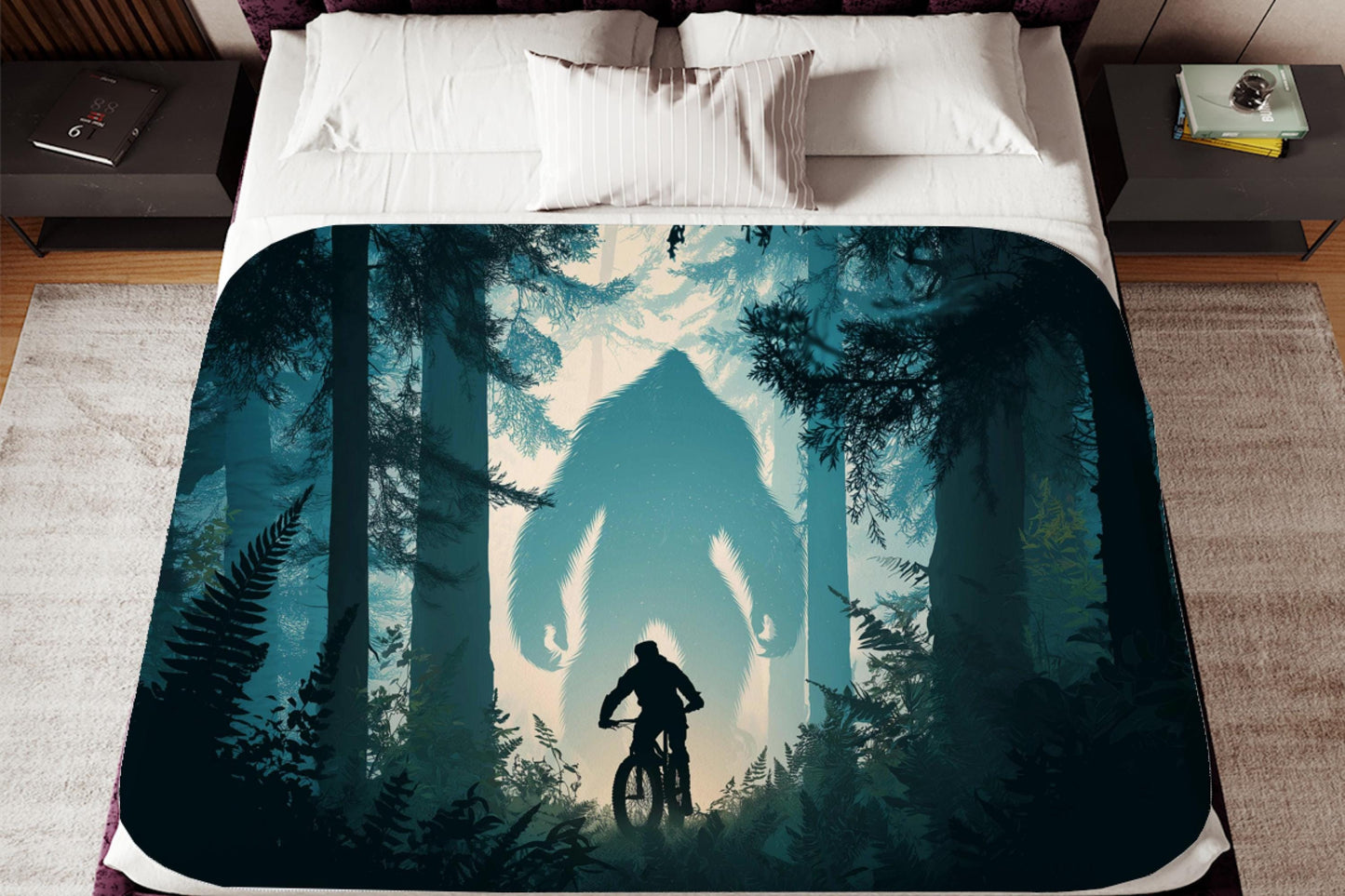 Bigfoot Night Forest Sherpa Blanket – Sasquatch Silhouette and Mountain Biker Art, Adventure Trail Throw