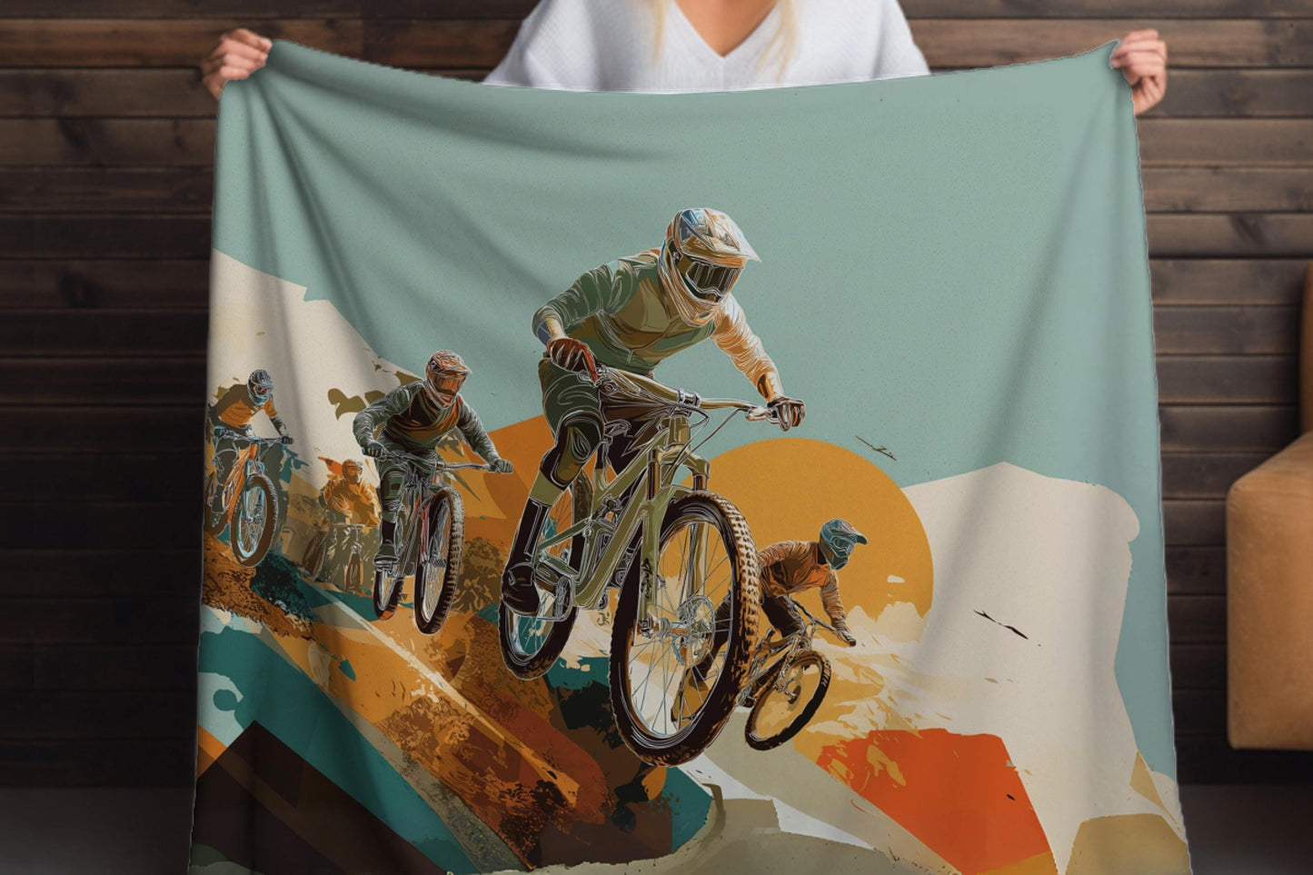 Downhill Mountain Biker Sherpa Blanket – Action Sports Cycling Art, Trail Rider Adventure Throw