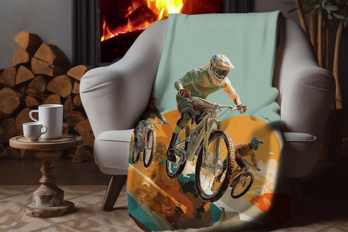 Downhill Mountain Biker Sherpa Blanket – Action Sports Cycling Art, Trail Rider Adventure Throw