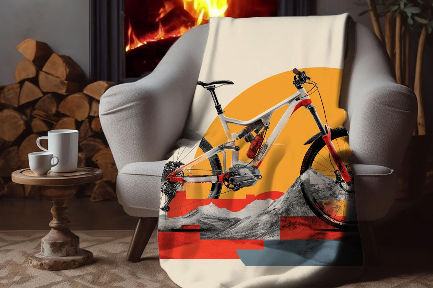 Modern Mountain Bike Sherpa Blanket – Geometric Cycling Art, MTB Rider Gift, Trail Adventure Throw