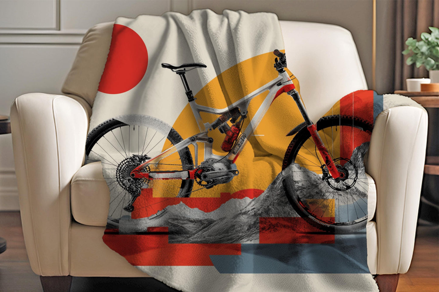 Modern Mountain Bike Sherpa Blanket – Geometric Cycling Art, MTB Rider Gift, Trail Adventure Throw
