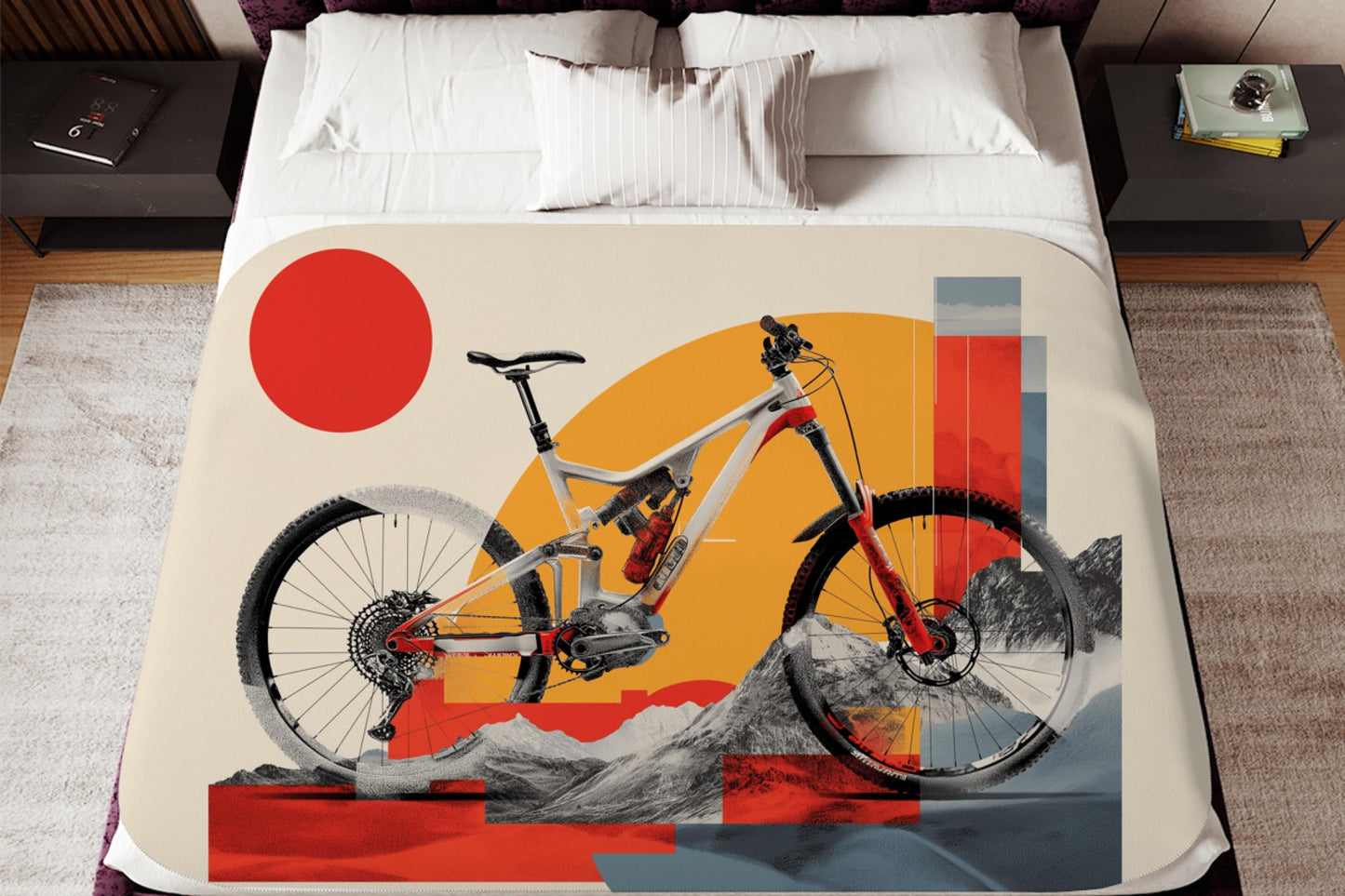 Modern Mountain Bike Sherpa Blanket – Geometric Cycling Art, MTB Rider Gift, Trail Adventure Throw