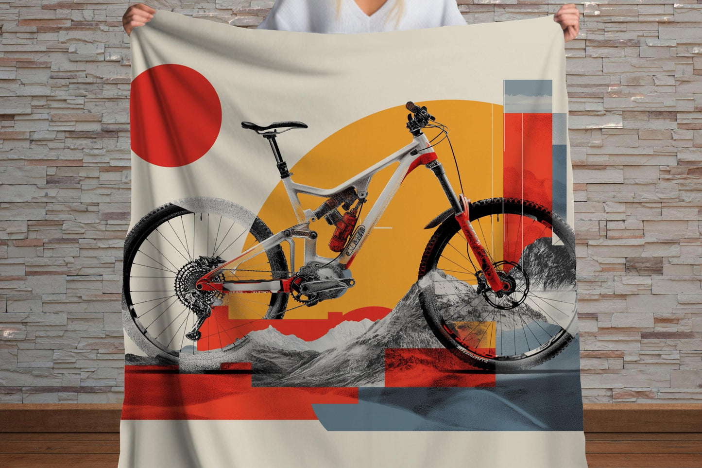 Modern Mountain Bike Sherpa Blanket – Geometric Cycling Art, MTB Rider Gift, Trail Adventure Throw